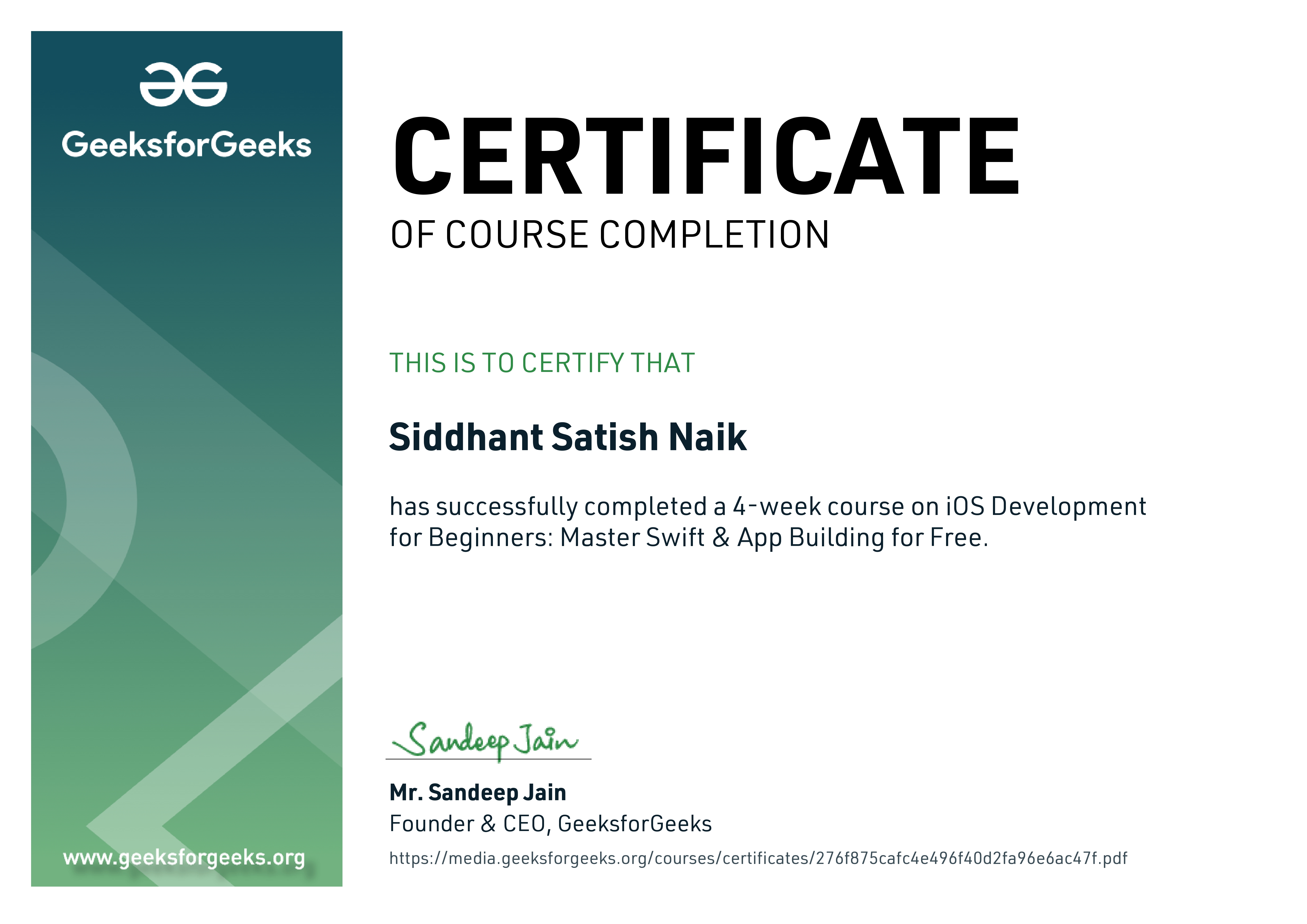 iOS Development Course Certificate