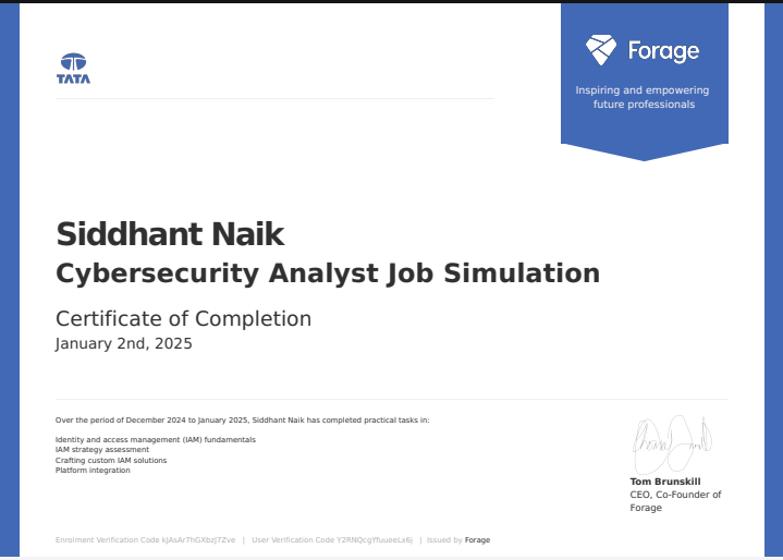 Tata Cybersecurity Simulation Certificate