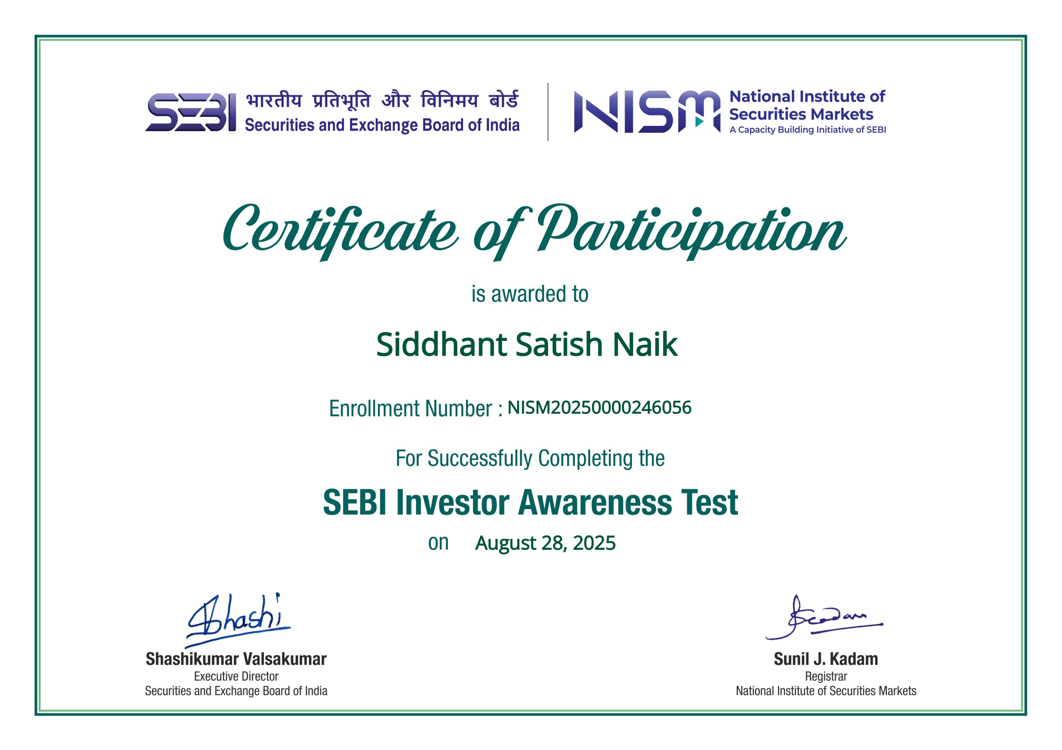 SEBI Investor Awareness Test Certificate